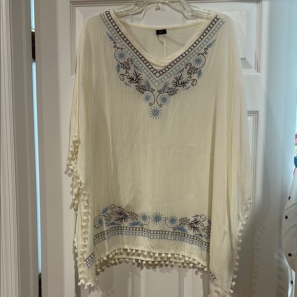 Embroidered Cream Poncho with Blue Accents - Picture 1 of 5